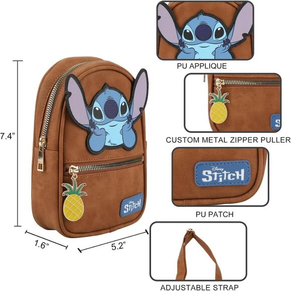 Stylish Brown Stitch Sling Bag with Pineapple Zipper - Perfect for Disney Lovers - Picture 5 of 7